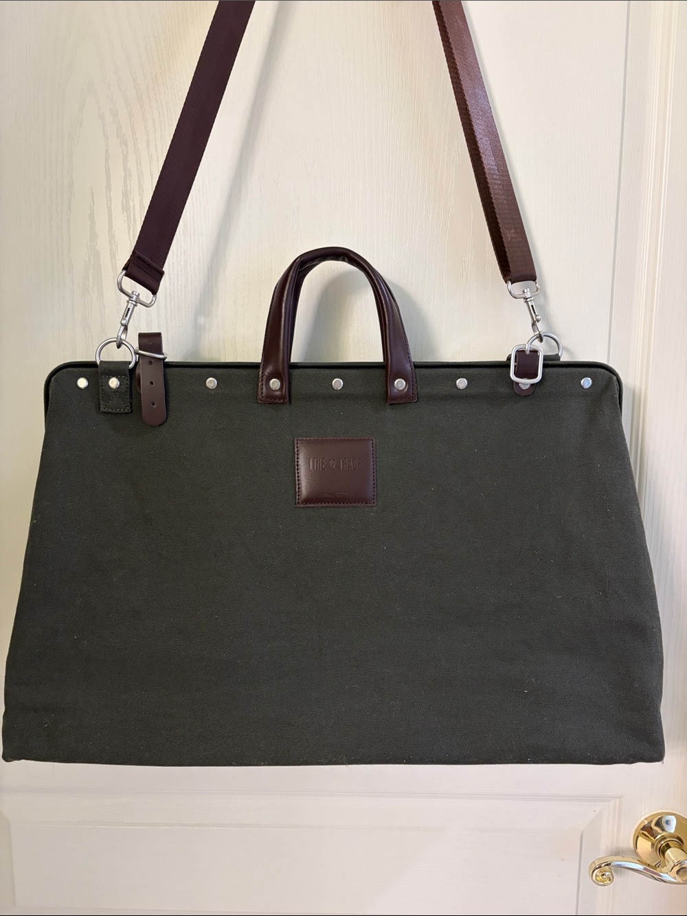 Classic Dark Green Canvas Duffel with Brown Leather Accents - Picture 2 of 11